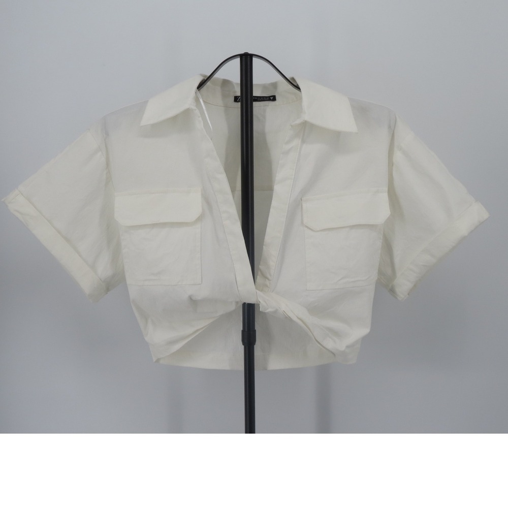 Zara Top Cropped Tie Front Off White Ivory Short Sleeve Minimalist Boho Chic XS